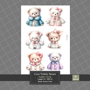 Teddy Bears in Dress Fussy Cuts Clipart, Printable Bear Theme Ephemera, Cute Teddy Bears Junk Journal Kit, Scrapbooking Die Cuts