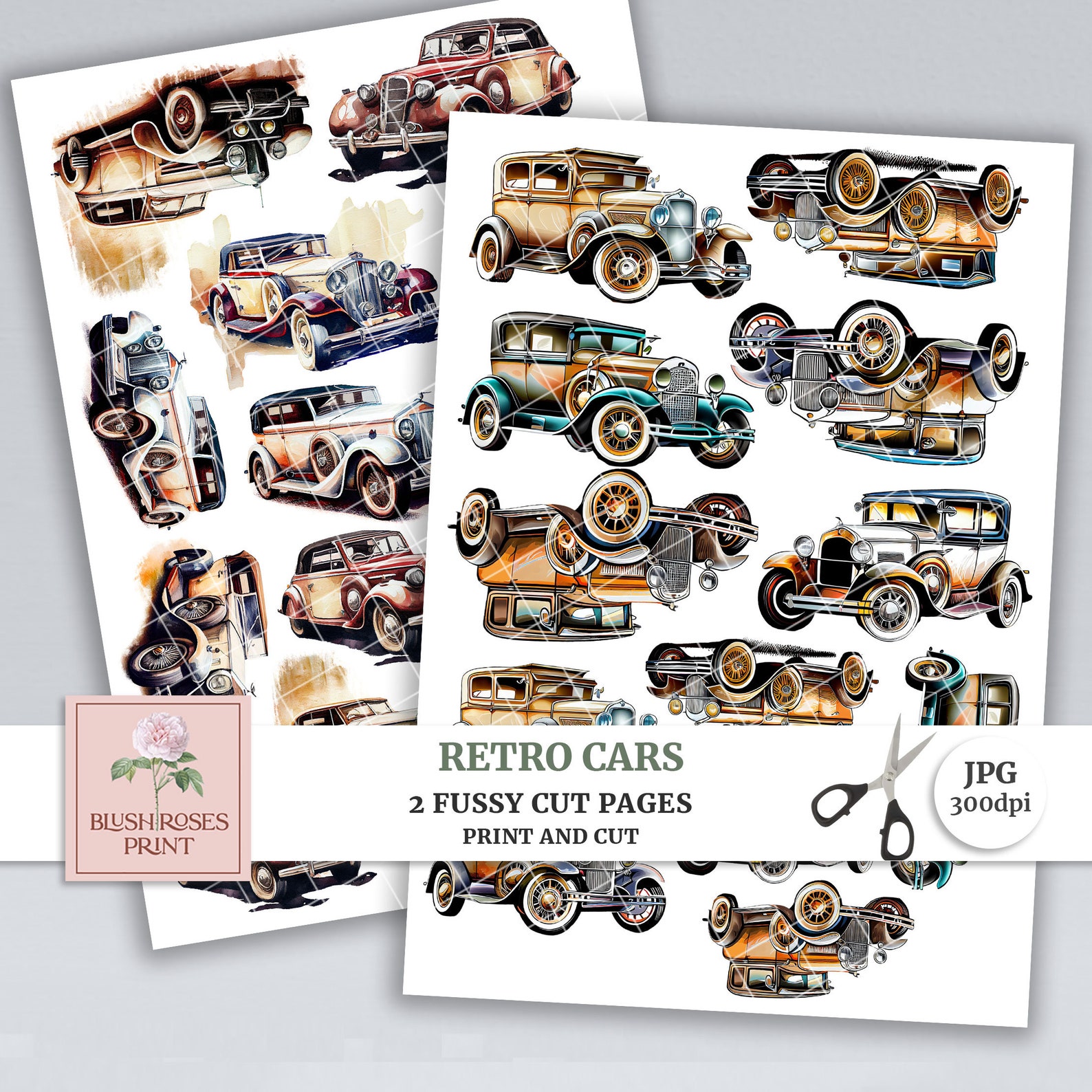 Journal Sticker Cars Retro Cars Fussy Cuts Junk Journal Printable, Vintage Cars Scrapbook ...