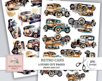 Retro Cars Fussy Cuts Junk Journal Imprimable, vintage Cars Scrapbook Kit, Journal Ephemera, Junk Journal Embellissements, Imprimer et Couper