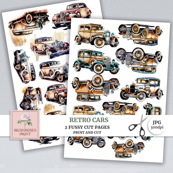 Retro Cars Fussy Cuts Junk Journal Printable, Vintage Cars Scrapbook Kit, Journal Ephemera, Junk Journal Embellishments, Print and Cut