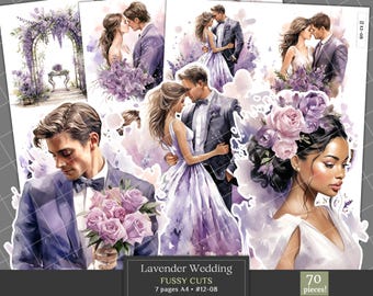 Lavendel Hochzeit Fussy Schnitte | Aquarell Lila Hochzeit Clipart, Hochzeit Ephemera | Klassische Hochzeitsstanzen