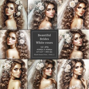 Belles mariées avec des roses blanches clipart, images de sublimation numérique de mariage, aquarelle éphémère mariage Junk Journal Kit Scrapbooking HD