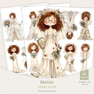 Clipart di spose stravaganti ritagliate con cura / Materiale stampabile divertente per matrimoni / Elementi classici per scrapbooking ad acquerello per matrimoni ritagliati con fustellatura