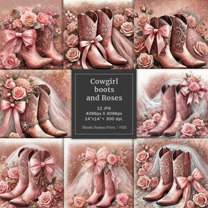 Rose gold Cowgirl Stiefel und staubige rosa Blumen digitale Bilder ai erzeugt, Aquarell blush rosa Rosen Western Hochzeit Junk Journal Seiten