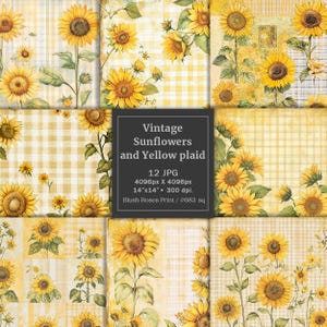 Vintage sunflowers digital paper, Watercolor sunflowers floral paper, 12x12 scrapbook paper pad digital, Yellow plaid, Checkered