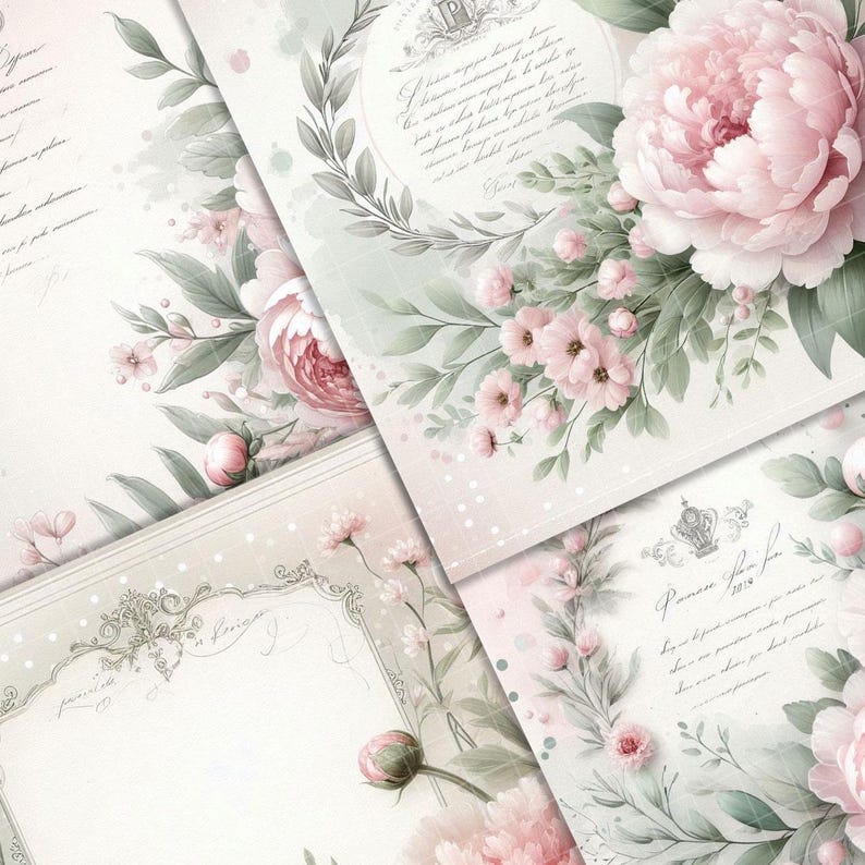 Watercolor Vintage Blush Peonies Digital Paper Pack, Shabby Chic Peony ...