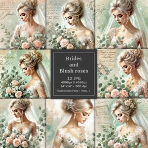 Mariée aquarelle avec clipart roses blush, images de sublimation numérique de mariage, aquarelle éphémère mariage Junk Journal Pages Scrapbook HD