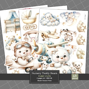 Nursery White Teddy Bears Fussy Cuts Clipart, Neutral Colors Bear Theme Ephemera, Cute Teddy Bears Junk Journal Kit, Scrapbooking Die Cuts