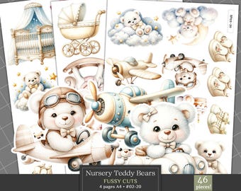 Nursery White Teddy Bears Fussy Cuts Clipart, Neutral Colors Bear Theme Ephemera, Cute Teddy Bears Junk Journal Kit, Scrapbooking Die Cuts