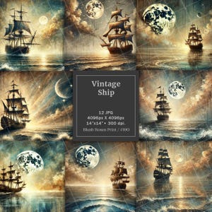 Bloc de papel para álbum de recortes digital con diseño de barco retro navegando en el océano y luna nocturna, acuarela, efímera de barco vintage, páginas de diario basura digitales