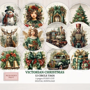 Victorian Christmas Circle Tags, Vintage Victorian Christmas Junk Journal, Digital elements card making, Scrapbook Journal Supplies JJV3