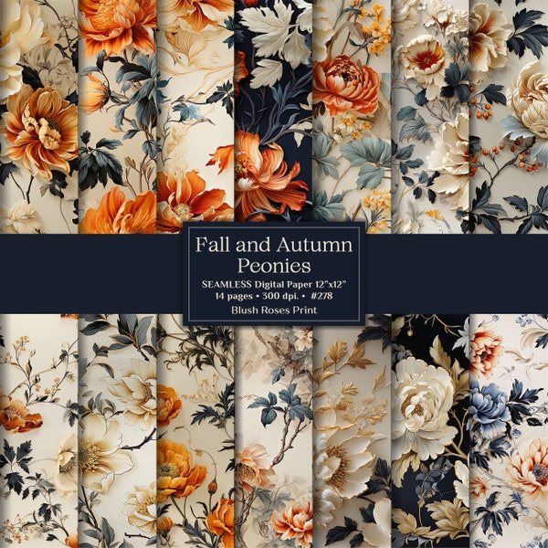 Fall and Autumn Peonies Digital Paper, Spring Flowers Junk Journal Pages, Terracotta Copper Burnt Orange Scrapbook Paper Pad Ivory Navy Gold