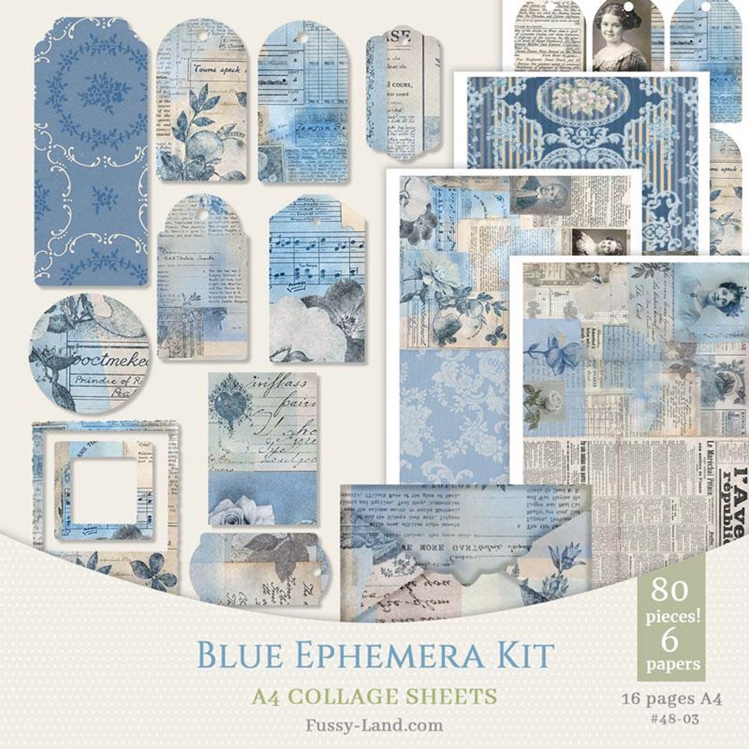 Blue Ephemera Junk Journal Kit Digital, Printable A4 Collage Sheets ...