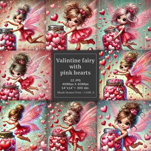 Piccola fata di San Valentino con cuoricini rosa glitterati blocco di carta digitale, immagini digitali di ALTA QUALITÀ, clipart di San Valentino JPG, Piccola fata rosa