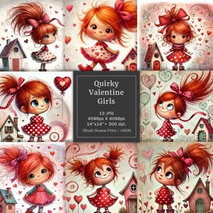Kleines schrulliges Valentinsmädchen mit roten Glitzerherzen Clipart, Aquarell lustige Valentinsmädchen Bilder Sublimation, Valentinstag