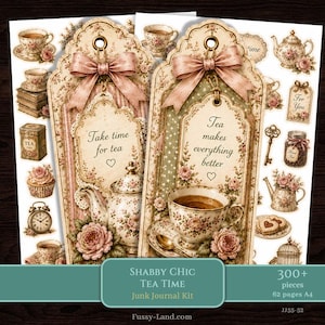 Kit de diario de recortes estilo vintage shabby chic para la hora del té • Elementos imprimibles y hojas de collage A4 • Descarga digital de álbum de recortes