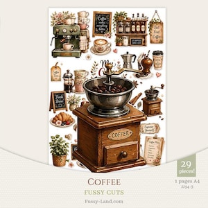 May include: A sheet of coffee-themed fussy cuts. The image features a vintage coffee grinder, espresso machine, coffee cups, and decorative elements. The text includes "Coffee", "Fresh Brew", and "Coffee makes everything better".