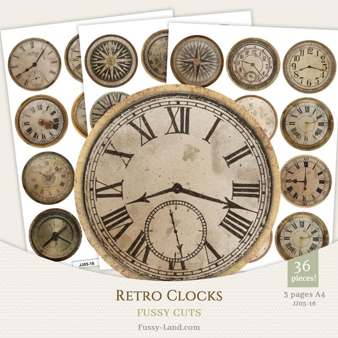 Retro Clocks and Compass Clipart Fussy Cuts, Printable Ephemera, A4 ...