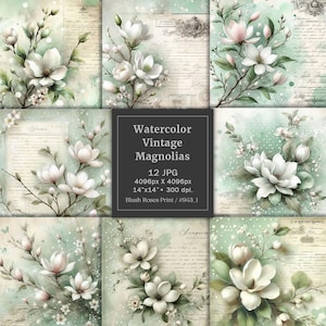 Aquarell weiße Magnolien, Vintage Papier, shabby chic Papier, Junk Journal Seiten, Scrapbook Papierblock