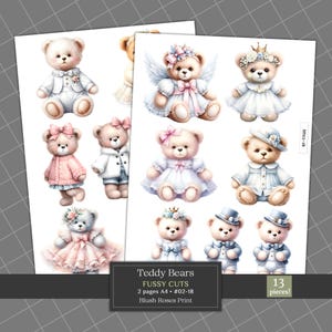 Adorable Formal Teddy Bears Fussy Cuts Clipart, Printable Bear Theme Ephemera, Cute Teddy Bears Junk Journal Kit, Scrapbooking Die Cuts