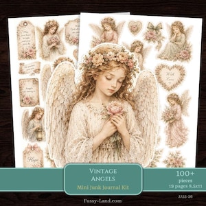 May include: A vintage-style mini junk journal kit featuring angel illustrations. The kit includes over 100 pieces on 19 pages, 8.5x11 inches. The artwork depicts angels with flowers and inspirational quotes. The color palette is soft and muted.