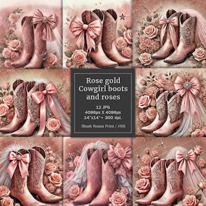 HIGH RESOLUTION digitale Bilder gekennzeichnet Rosegold Cowgirl Stiefel staubige rosa Blumen, Aquarell blush rosa Rosen Hochzeit Junk Journal Seiten