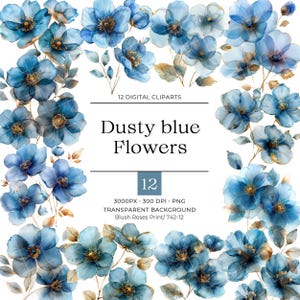 Tinta aquarela flores azuis e douradas Clipart, Pacote de clipart de flores azuis empoeiradas, PNG de alta qualidade, DOWNLOAD, Flores abstratas, Azul celeste