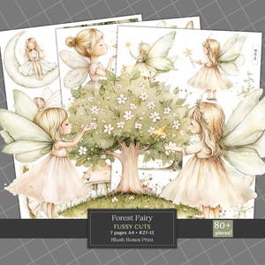 May include: A collection of watercolor illustrations featuring fairies in a forest setting. The images include fairies with wings, a tree with flowers, and a crescent moon. The text on the image reads "Forest Fairy Fussy Cuts" and "Blush Roses Print".