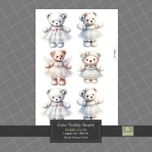 Cute Teddy Bears in Dress Fussy Cuts Clipart, Printable Bear Theme Ephemera, Cute Teddy Bears Junk Journal Kit, Scrapbooking Die Cuts
