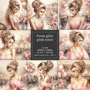 Images clipart aquarelle de filles diplômées du secondaire, jolies filles de bal en robe rose, sublimation, cartes de diplômés faisant des éléments de scrapbooking