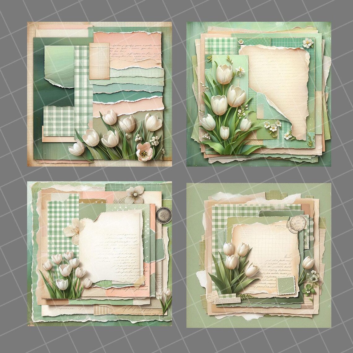 Vintage Spring Digital Paper Featured White Tulips and Torn Papers ...