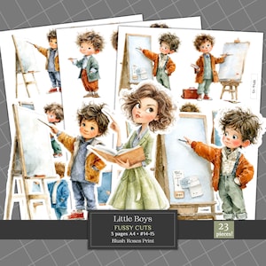 Little Boys in Classroom Fussy Cuts Clipart, Watercolor Boys Printable Clip Art, Junk Journal Kit, Scrapbooking Die Cuts