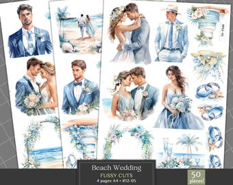 Puede incluir: Una colección de ilustraciones en acuarela con temas de bodas en la playa. Las imágenes incluyen parejas, anillos de boda, arcos florales y una tarta. El texto de la imagen dice "Beach Wedding Fussy Cuts" y "Blush Roses Print".