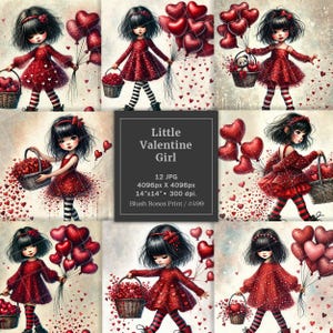 Blocco di carta digitale con bambina impertinente e cuoricini rossi glitterati, immagini digitali stampabili di ALTA QUALITÀ, clipart di San Valentino, cartone animato JPG