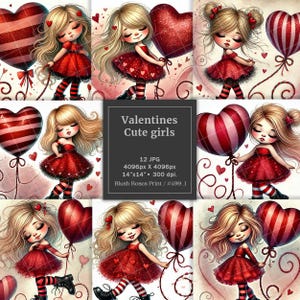 Piccola ragazza dei cartoni animati di San Valentino con palloncino a forma di cuore rosso glitterato blocco di carta digitale, immagini digitali di ALTA QUALITÀ, clipart di San Valentino JPG