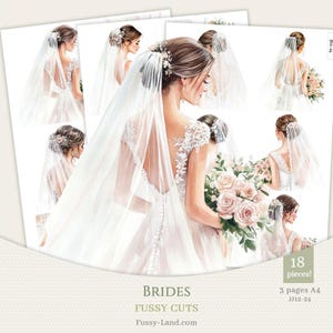 Splendida sposa vista posteriore, clipart ritagliate con cura / Materiale stampabile per matrimonio / Elementi classici per scrapbooking ad acquerello, fustelle per matrimonio