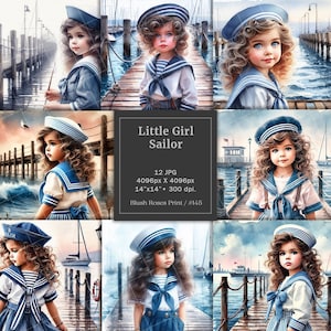 Images numériques de marins de petites filles d'aquarelle, papier numérique de marin de fille de cru, pages de journal de jonque maritime, bloc de papier nautique