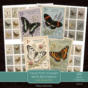 Faux Post Marks with Butterfly Printable Ephemera, Vintage Postage Marks Junk Journal Kit Digital, A4 Collage Sheets