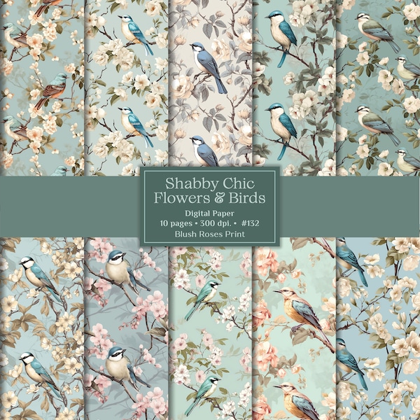 Shabby Chic Flowers and Birds Digital Paper, Shabby Chic Scrapbook Paper Digital, Earth Colors, Vintage Birds with Flowers, Digital Download