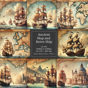 Papel digital para scrapbooking con mapas antiguos y barcos retro, bloc de papel para scrapbooking con mapas marinos retro, páginas de diario basura con mapas marítimos digitales