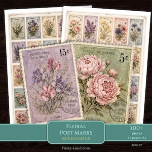 May include: A collection of decorative paper stickers featuring vintage-style floral postage stamps. The designs include various flowers with French text like Petits Pois de Senteur and Fleurs de France, alongside Paris postmarks and numerical values.