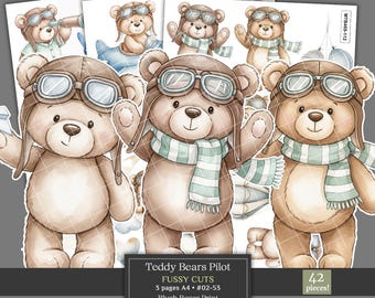 Teddy Bears Pilot Fussy Cuts Clipart, Watercolor Boy Teddy Bear Aviator Digital, Nursery Baby Boy Clipart, Printable Ephemera