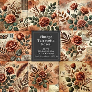 Papel digital efêmero de rosas de terracota aquarela, páginas de diário de lixo de rosas de cobre vintage de ALTA QUALIDADE, bloco de papel de scrapbook floral