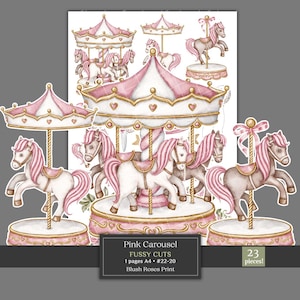 Peut inclure: Ensemble de découpes de chevaux de manège roses et blancs avec des détails dorés. Les chevaux de manège ont des crinières et des selles roses. L'image comprend des toits et des socles de manège. Le texte indique "Pink Carousel Fussy Cuts" et "23 pièces!"