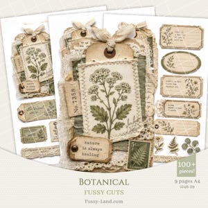 May include: A collection of botanical fussy cuts featuring vintage-style paper tags, labels, and ephemera with floral illustrations, script text, and stamps. The set includes over 100 pieces printed on 9 A4 pages with nature-themed designs.