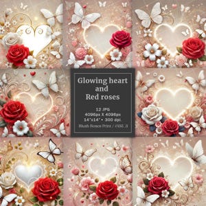 Glowing hearts Lux 30x30 cm Scrapbook Papierblock für Valentinstag, Rote Rosen Herzen, Valentinstag Papierpack, Valentinstag Junk Journal