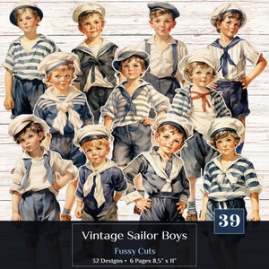 Vintage Sailor Boys kieskeurig gesneden, maritieme clipart Little Sailor Junk Journal Kit, A4 collageblad digitale retro nautische zee dagboek stickers