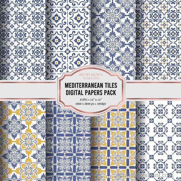 Mediterranean Digital Papers, Mediterranean Tiles Patterns Background, Scrapbook Papers, Design Papers, INSTANT DOWNLOAD, Textile Pattern