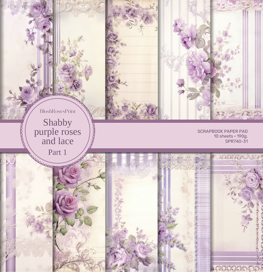 Shabby Chic Purple Flowers Digital Paper, Purple Roses and Laces Card ...