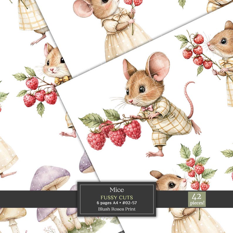 May include: Watercolor illustrations of adorable mice holding raspberries. The mice are dressed in vintage clothing. The image includes the text "Mice Fussy Cuts" and "Blush Roses Print". The image is a collection of paper cutouts.